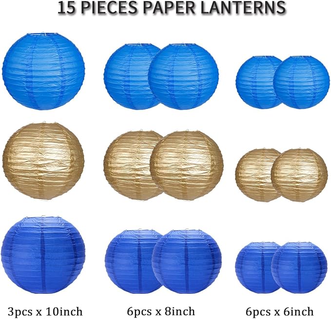 Paper Lanterns Party Decorations, Round Hanging Paper Lanterns Decorations for Graduation Anniversary Under The Sea Birthday Party Supplies Blue Gold 15pcs