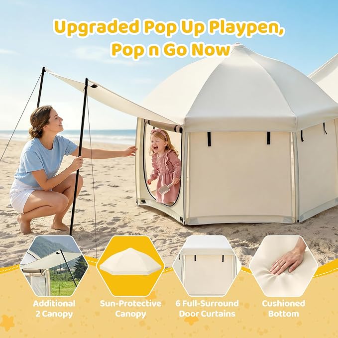 Dripex Upgraded Pop Up Playpen w/t 2-Side Canopy Extension & Built-in Pad,Quick Foldable Indoor/Outdoor Baby Playpen w/t One-Click Safe Lock,2-Side Roll-Up Door,Travel Pop and Go Beach Play Pen Beige