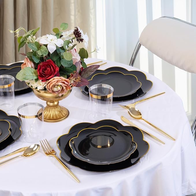 EI 180pcs Black Plastic Plates with Gold Plastic Silverware,Black and Gold Plates Disposable,Heavy Duty Plate for Party,Wedding,Anniversary,Spring Afternoon Tea Business Event,Graduation Decorations