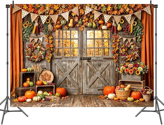 12 x 10 ft Fall Backdrop Barn Door Maple Leaves Pumpkin Design - Autumn Thanksgiving Harvest Friendsgiving & Birthday Party Decorations
