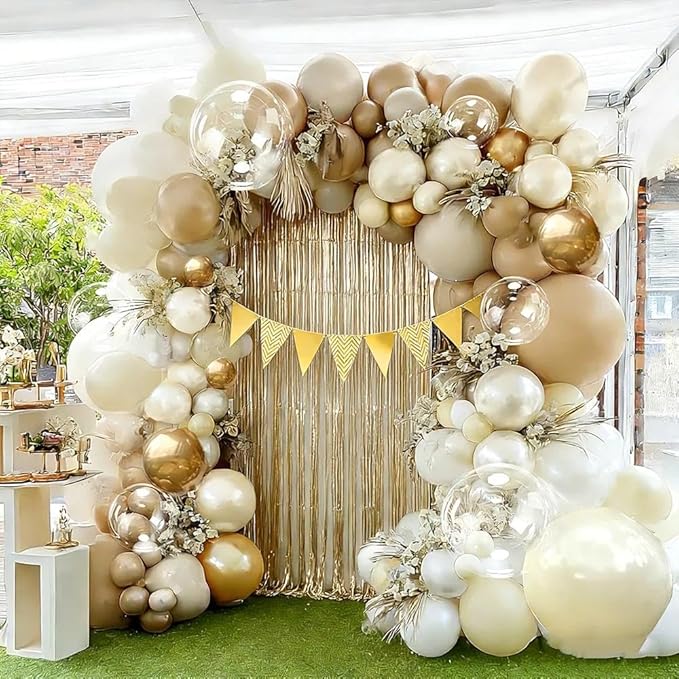 White Sand Gold Balloon Garland, Double Stuffed Pearl White Gold Cream Beige Balloons Clear Bobo Latex Balloon Arch Kit for Wedding Bridal Shower Birthday Baby Shower Gender Reveal Party Decorations