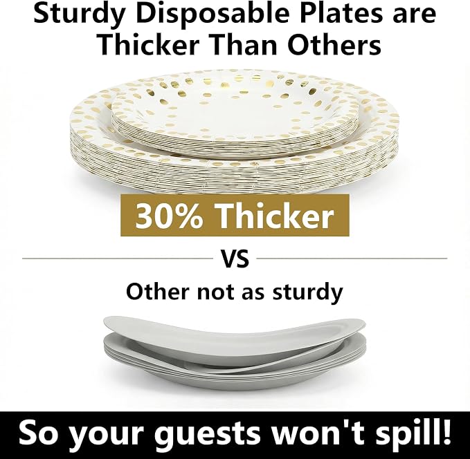 hapray 201 PCS Disposable Paper Plates Gold Party Supplies, Golden Polka Dots Birthday and Baptism Decorations, include Plates and Cups, Napkins, Plastic Tablecloth for Baby Shower Wedding Christmas