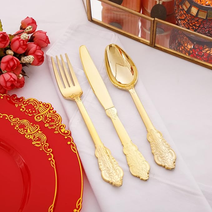 Morejoy 175PCS Red Plastic Plates,Red Disposable Plates With Gold Rim,Red and Gold Plastic Dinnerware Set Includes: 50 Plates,25 Silverware Sets,25 Cups,25 Napkins,Perfect for Party,Mother's Day