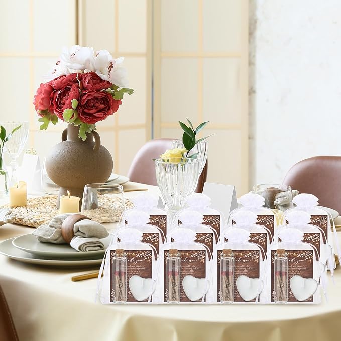 50 Sets Wedding Party Favors for Guests Bulk Including Heart Shaped Candles and Empty Matches Jars with Cork Top Thank You Cards and Organza Bags for Wedding Bridal Shower Party (String Lights)