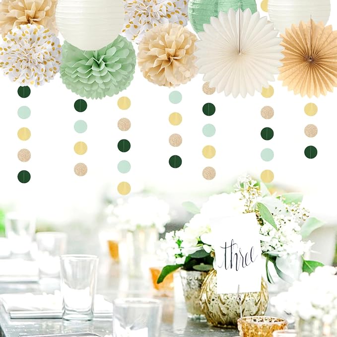 Sage Green White Welcome Baby Shower Party-Decorations - 22pcs Girl Boy Woodland Champagne Gender Neutral Banner, Paper Lanterns Streamers,Tissue Paper Pom Poms Flowers Fans Garland Decor Sign Hugmoon