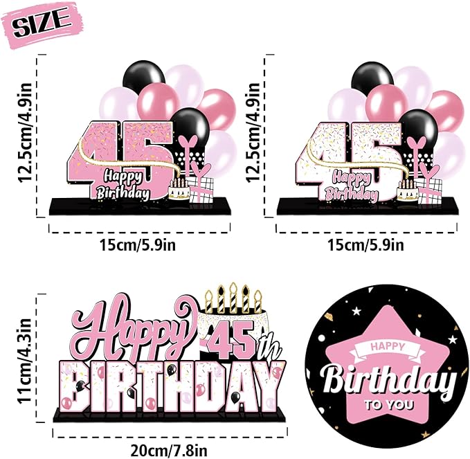 LINGTEER Happy 45th Birthday Pink Acrylic Table Topper Centerpieces Set - Cheers to 45 Years Old Birthday 45th Bday Party Gift Decorations.