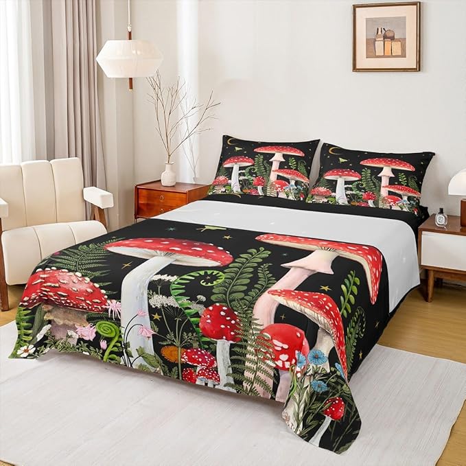 Castle Fairy Red Mushroom Bed Sheet Set for Kids,Magical Plant Snail Sheets Set,Jungle Botanical Home Decor Sheet Sets with Deep Pocket,Top Flat Sheet,1 Pillowcase,Twin Size
