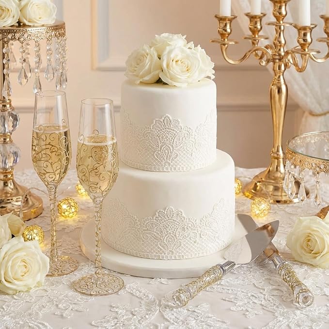 Ceenna 4 Pcs Gold Wedding Toasting Flutes and Cake Server Set Elegant Champagne Glasses and Knife Server Set Gifts for Bride and Groom Anniversary Wedding Reception Supplies