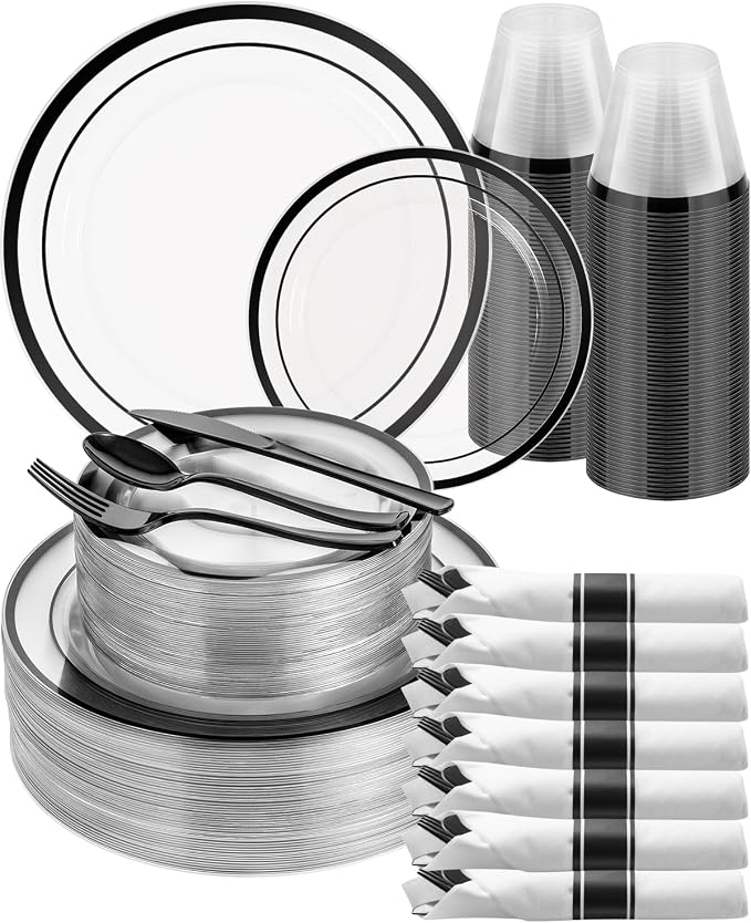 Goodluck 350 Pcs Clear Black Disposable Plastic Party Plate Cup Napkin Sets | Dinnerware Sets Include 100 Plates, 50 Pack Pre Rolled Napkins with Silverware, 50 Cups for Wedding, Graduation, Halloween