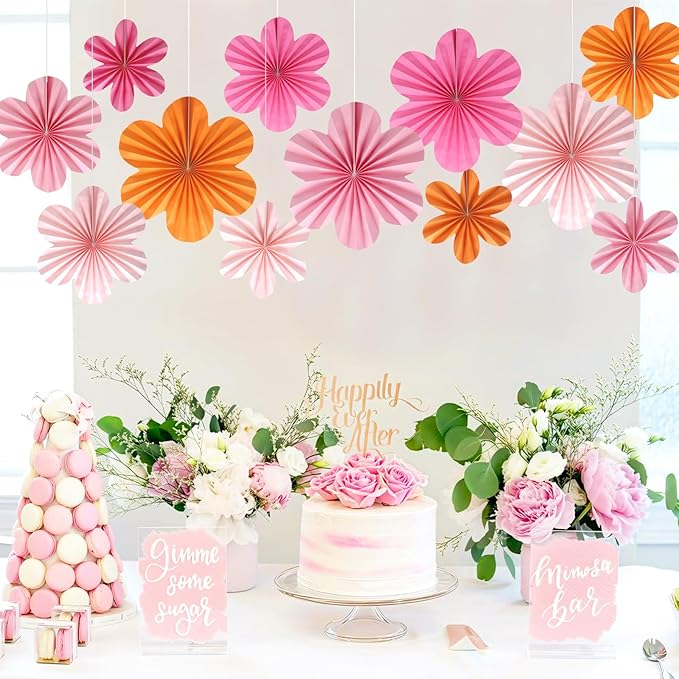 BestoFun 12 PCS Paper Flowers Fans Pink and Orange Party Decorations Paper Flowers Decorations for Wall Girl Groovy Birthday Baby Shower Wedding Bachelorette Room Hanging Décor