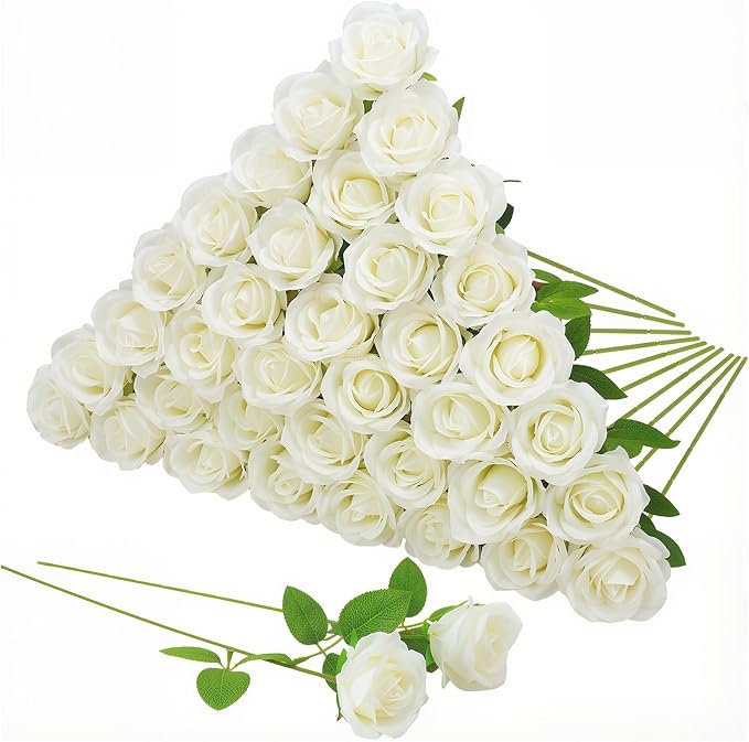 36 Pcs Silk White Rose Bouquet Bridal Artificial Flowers,Fake Rose Long Stem Realistic Artificial Flowers Bulk for Wedding Bouquet Ball Arrangement Centerpiece Party Decor