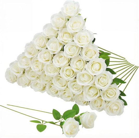 36 Pcs Silk White Rose Bouquet Bridal Artificial Flowers,Fake Rose Long Stem Realistic Artificial Flowers Bulk for Wedding Bouquet Ball Arrangement Centerpiece Party Decor