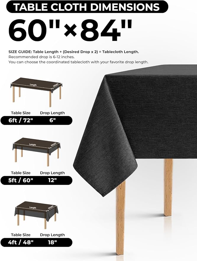 Decorelia Black Tablecloths for Rectangular 6 Ft Table-4 Pack, Washable Polyester Rustic Faux Linen Rectangle Cloth Table Cloth Cover for Wedding,Outdoor,Events,Party,Banquet, Dining, 60x84 Inch