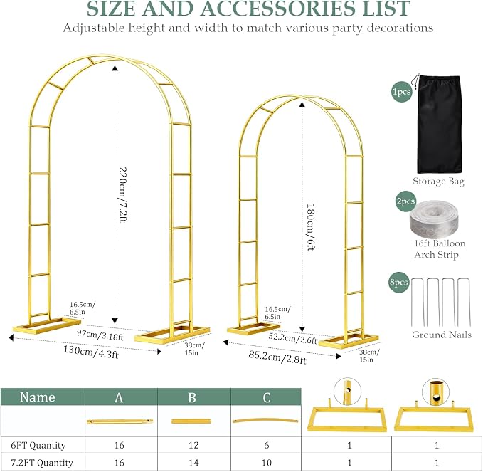 WellSign Arch Backdrop Stand 7.2FT, 6FT Set of 2, Metal Pergola Arbor Garden Arch Trellis for Climbing Plants Outdoor for Various Climbing Plant,Gold Balloon Arch kit Stand for Party Decoration