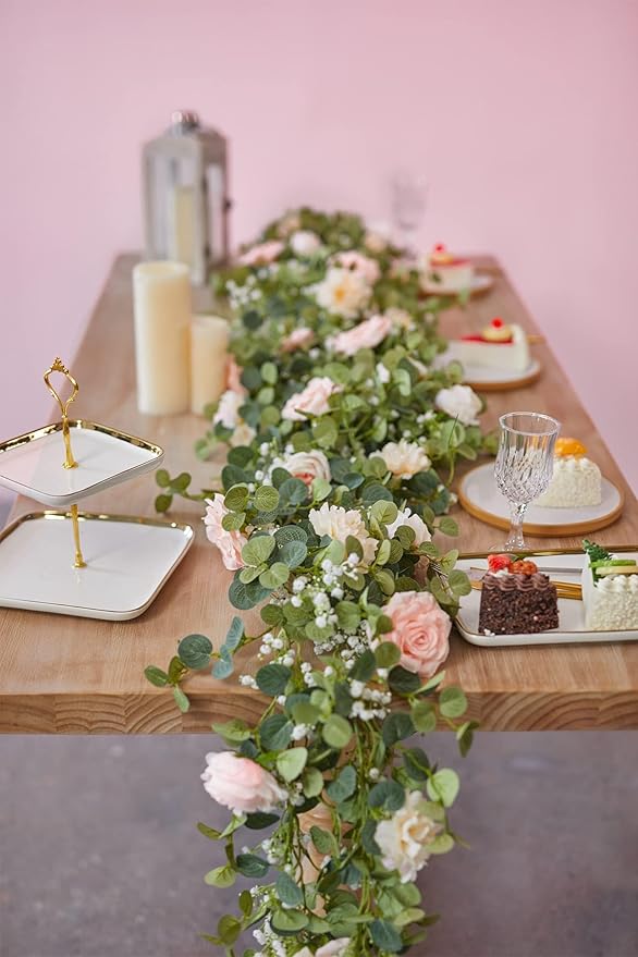Anna's Whimsy 2PCS 5.91FT Artificial Eucalyptus Garland with Flowers, Fake Rose Gypsophila Garland, Faux Floral Garlands Greenery for Wedding Spring Home Party Table Runner Decor (Pink)