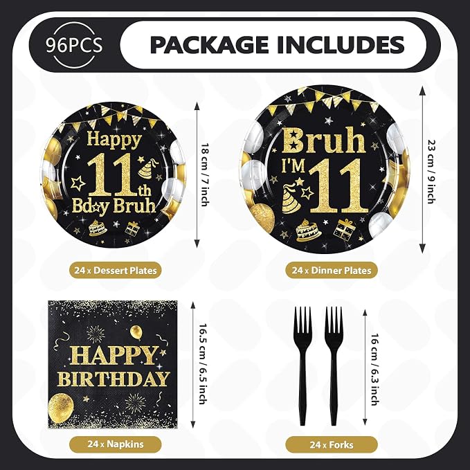 96 Pcs Bruh 11th Birthday Party Decorations Black Gold Bruh I’m 11 Plates and Napkins It's My 11th Birthday Tableware Set for Teen Boys and Girls 11 Years Old Party Supplies, Serves 24