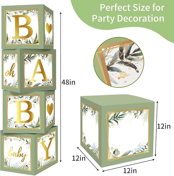 RUBFAC Baby Shower Boxes with Letters, 4pcs Sage Green Baby Shower Decorations for Boy Girl Balloon Boxes Gender Reveal Birthday Party Favors