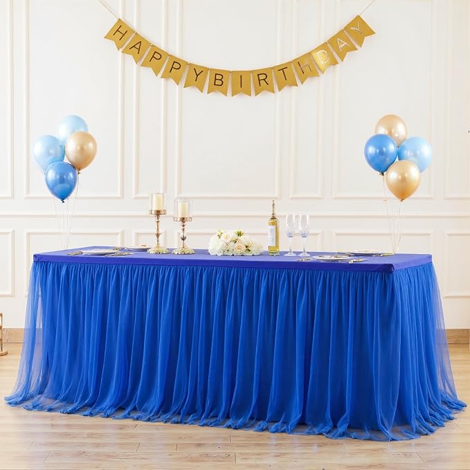 Royal Blue Tulle Tablecloth for 8 Foot Rectangular Tables 8ft Royal Blue Table Cloths Rectangle Wrinkle Free Table Cover with Skirt for Wedding Birthday Party Baby Shower Banquet Buffet Cake Cocktail