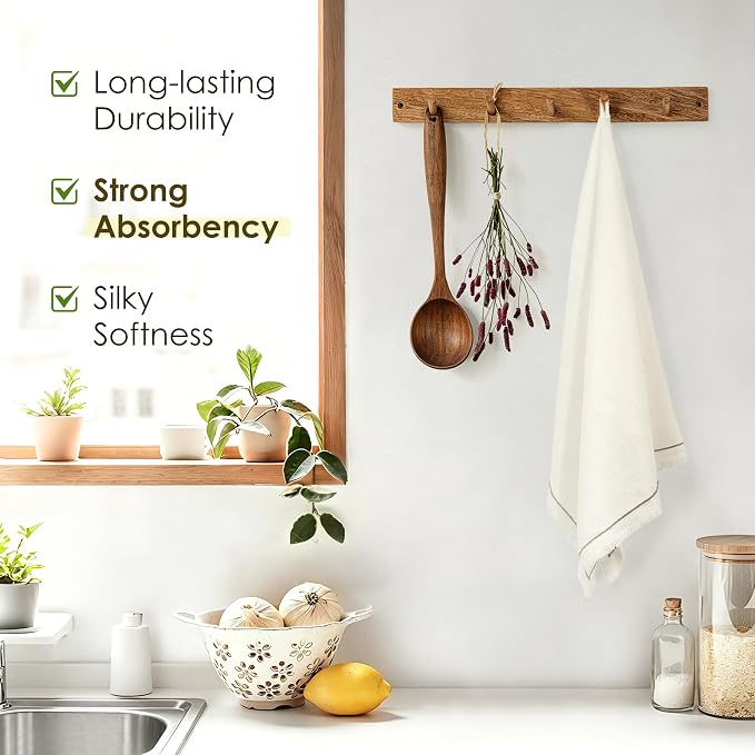 Linen World Dish Towels Set of 4, 20 x 28 Inch Linen Blend Kitchen Towel, Frayed Edge, Embroidered Border, Absorbent Large Tea Towels-Cream