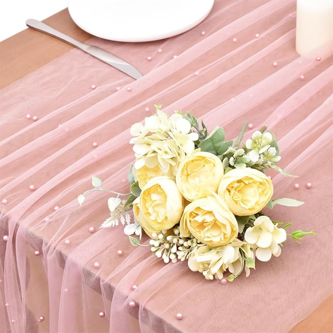 Dusty Rose Pearl Table Runner Boho Rustic Tulle Lace Dining Baby Shower Wedding Arch Decor Veil Dessert Holiday Centerpiece Table Decor 3pcs