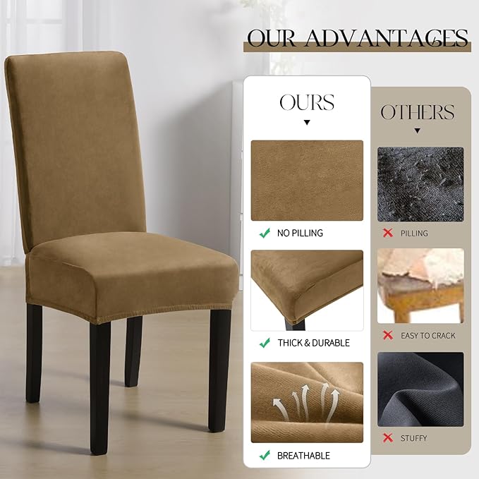 MOSAYT Velvet Stretch Chair Covers for Dining Room Set of 6 - Soft Slipcovers with Thick Removable Fabric for Parsons Chairs, Washable Seat Protectors for Kitchen, Banquet & Home Decor, Camel