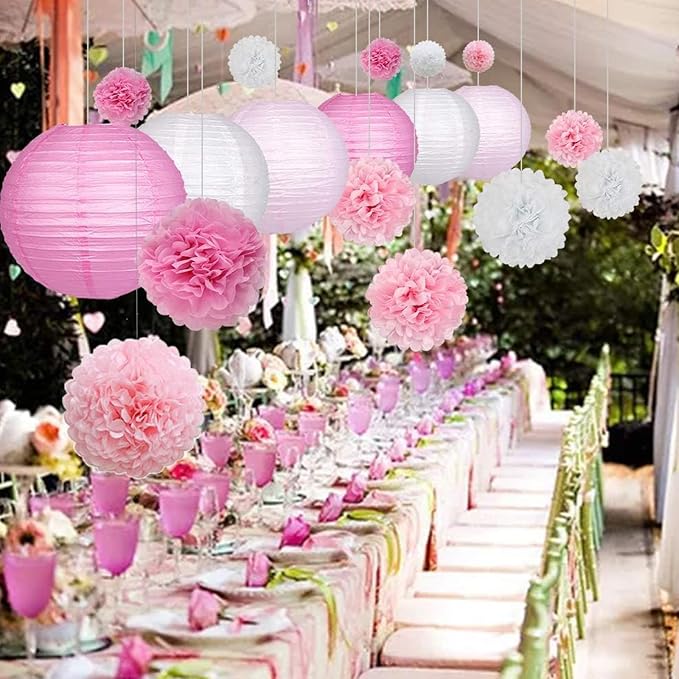 Celehappy Pink Paper Lanterns Decoration Tissue Paper Pom Poms Paper Flower 18pcs Party Decorations for Baby Shower Wedding Valentine Birthday Party - Hot Pink/Pink/White