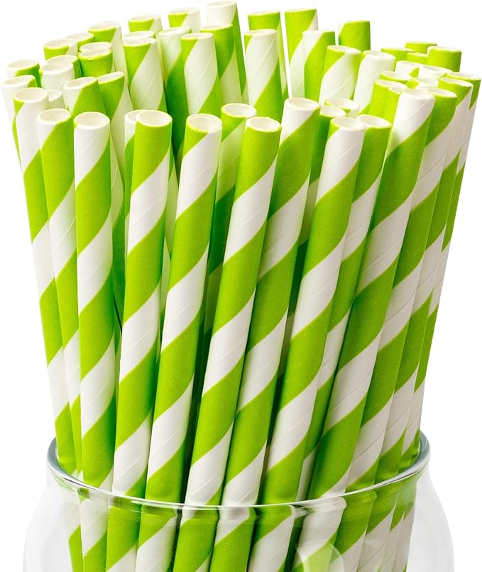 PakTalk [100 Pack] Green Straws, Disposable Biodegradable Paper Straws with Green and White Stripes for Cocktails, Milkshake, St. Patrick and Christmas Party (0.24" x 7.75")