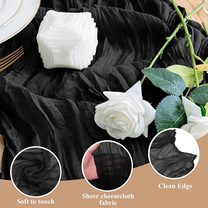 Wokceer Cheesecloth Table Runner Black 10FT Boho Gauze Christmas Cheese Cloth Table Runner for Party Long Rustic Sheer Table Runners for Baby Bridal Shower Wedding Easter Table Decor