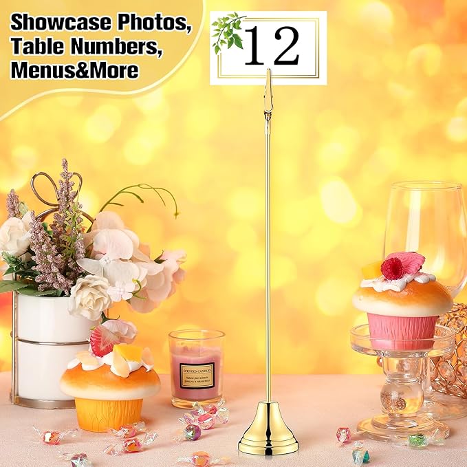Skyygemm 12 Pcs Table Number Holders 12 Inch Place Card Holder with Alligator Clip Metal Place Card Stands Table Sign for Photos, Food Signs, Birthdays, Weddings (Gold)
