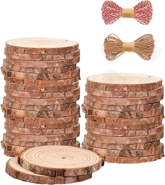 32Pcs Natural Wood Slices for Centerpieces 3.1"-3.5",Unfinished Wood Rounds with Pre-drilled Hole and Feet Twine String,Wood Cookies for DIY Christmas Ornaments Party Wedding.