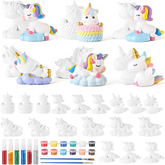 Briwooody 36 Pcs Unicorn DIY Painting Kit Unicorn Gift Color Your Own Statues Unpainted Plaster Figurines with Brushes Pigment Arts and Crafts Kits Party Favor for Adults