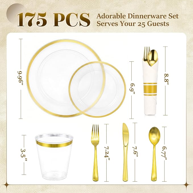 175pcs Plastic Dinnerware Set Clear & Gold | Disposable Plastic Plates for 25 Guests Include 50 Plastic Plates,25 Cups & 25 Pre Rolled Napkins with Cutlery Set for Party