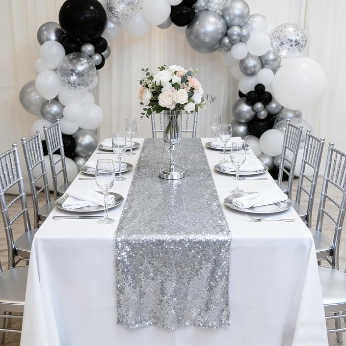 12x108 inch Silver Sequin Table Runner Sparkly Glitter Table Linens 6 Packs for Party Decorations Wedding Birthday Baby Shower Engagement Anniversary