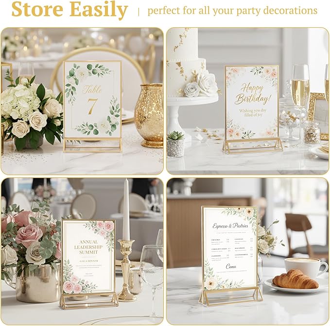 EHWINE 12 Pack Acrylic Sign Holder 5 x 7, Double Sided Gold Picture Frame Stand up Table Top Sign Holders, Clear Display Stand Menu Flyer Holder for Wedding Party (Provide Non-slip Mats)