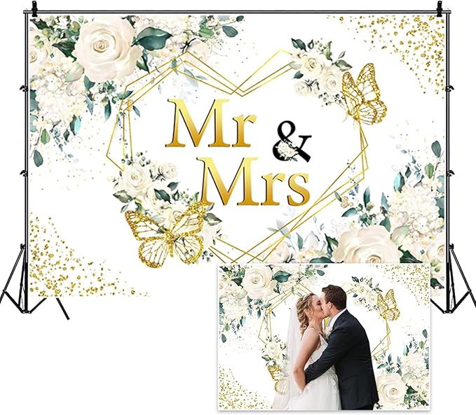 12x8ft Mr&Mrs Bridal Shower Backdrop White Floral Gold Glitter Dots Hearts Geometric Butterfly Photography Background for Couples Wedding Party Decoration Bride to Be Engagement Banner Props