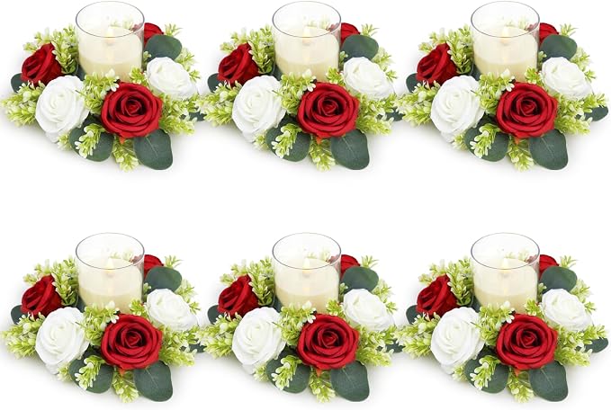 Crimson Rose Candle Rings with Flameless Candles Sets - 12PCS Artificial Flower Eucalyptus Wedding Centerpiece 3 Inch Pillar Candleholders Wreaths for Wedding Party Decor (Crimson - 6 Sets)