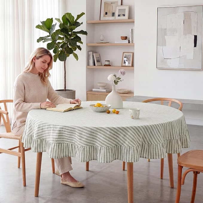Boao Cotton 60 Inch Farmhouse Ruffle Tablecloth Sage Green White Striped Flounces Trim Table Cover for Round Table Kitchen Party Wedding Decor