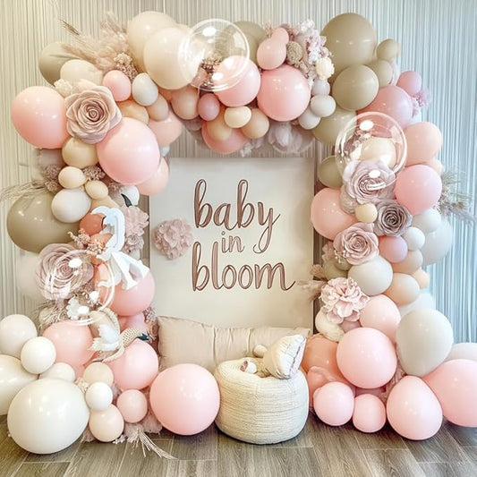 Pink White Sand Balloon Garland Double Stuffed Pastel Pink Cream Beige Balloon Arch Kit Boho Light Blush Nude Balloons for Baby in Bloom Baby Shower Mother Birthday Wedding Bridal Shower Party Decor