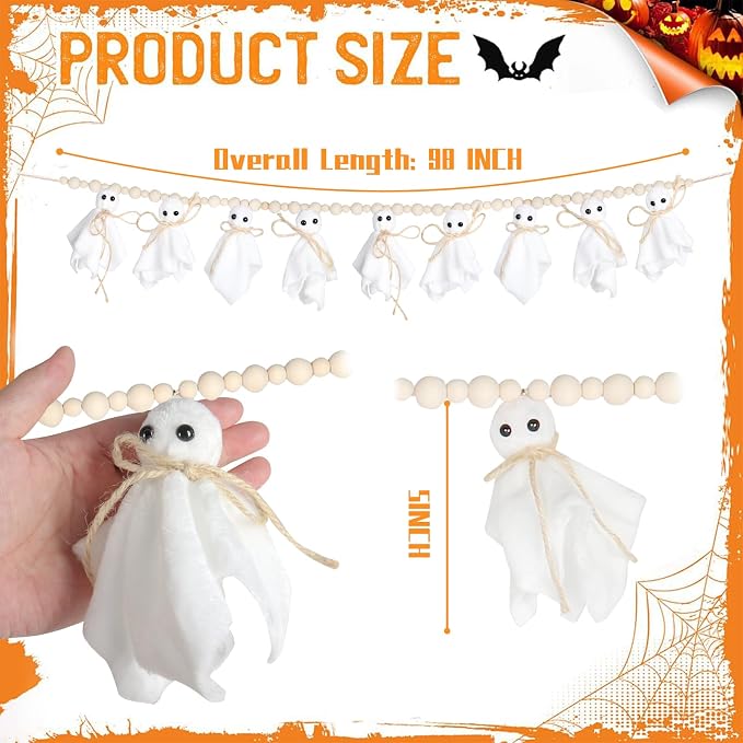 8.5Ft Halloween Ghost Garland with Wooden Beads, Handmade Ghost Banner for Spooky & Cozy Home, Indoor Halloween Decor for Fireplace, Doorways & Outdoor Party