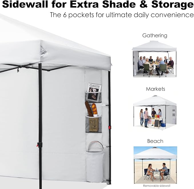 GAFETE 10×10 Pop Up Canopy Tent with 1 Pockets Sidewall, Easy up Sun Shade with One Push Setup, Portable Instant Outdoor Canopy Tent for Events Parties Camping with Carrying Bag (White, 10x10 FT)