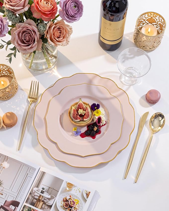 bUCLA 180PCS Pink Plastic Plates - Pink with Gold Rim Disposable for Party Include 30 Each (Dinner & Dessert) Plates, 30 Knives, 30 Forks, 30 Spoons, 30 Cups for Wedding, Birthday & Mother's Day