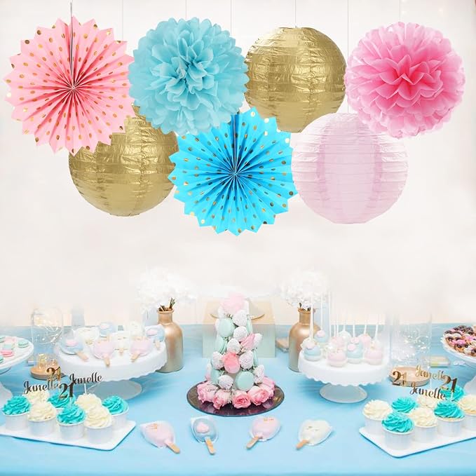OURUOLA Pink Blue-Gold Party-Decorations Streamers Lanterns - 14pcs Gender Reveal Boy or Girl Birthday Paper Lanterns Fan,Tissue Pom Poms Streamer, Honeycomb Balls Decor
