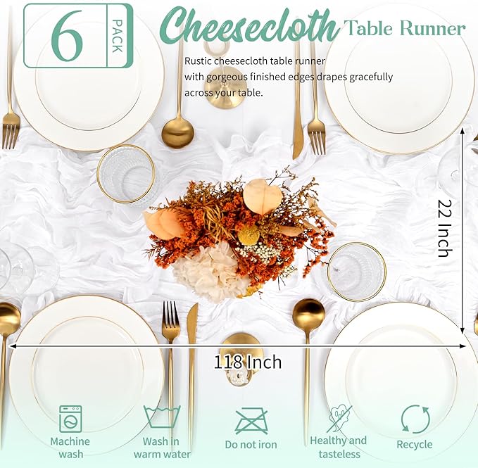 6 Pack White Table Runner 10FT Long Cheesecloth Table Runner Cheese Cloth Gauze for Wedding Party Birthday Decoration-White