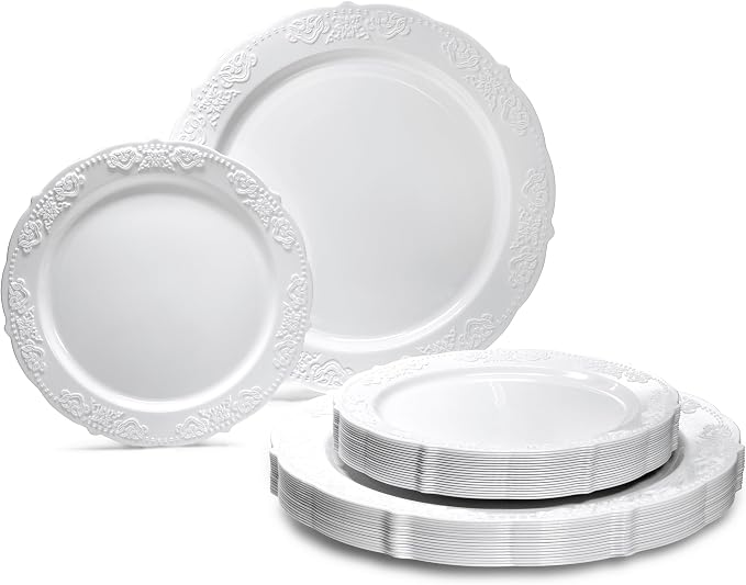 OCCASIONS 50 Pack (25 Guests) Heavy Duty Fancy Disposable Plastic Plates Set, 25x10.25'' Dinner + 25x7.5'' Salad/Dessert, China-Like Look for Wedding Party, Birthday, BPA Free (Portofino Plain White)