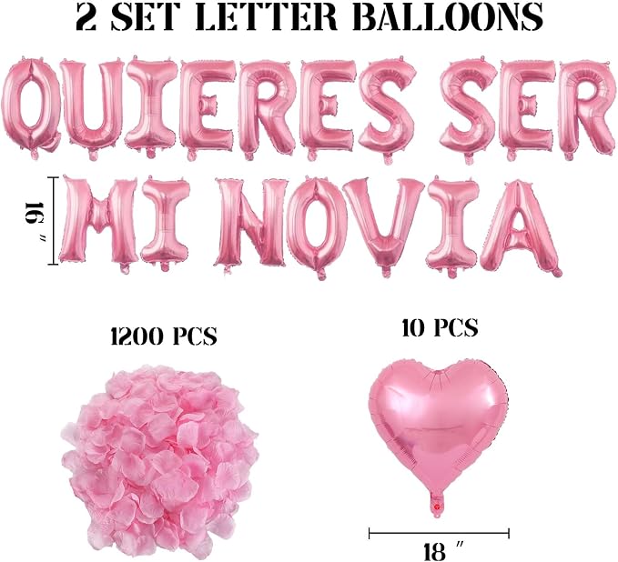 2 Set Pink QUIERES SER MI NOVIA Balloons - 1200pcs Pink Artificial Rose Petals 34pcs 16" Letter Balloons 10pcs 18" Heart Balloon Alphabet Foil Mylar Balloon for Valentines Day Decorations
