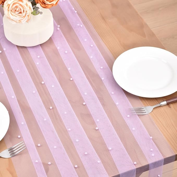 Lilac Pearl Table Runner Boho Rustic Tulle Lace Dining Baby Shower Wedding Arch Decor Veil Dessert Holiday Centerpiece Table Decor