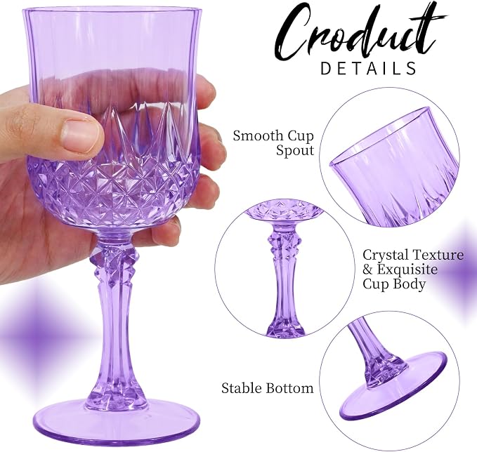 48Pack Light Purple Plastic Wine Glasses,Vintage Plastic Goblets for Parties, Light Purple Drinking Glasses Crystal Water Goblets Reusable for Wedding Reception, Grand Event Party Supplies