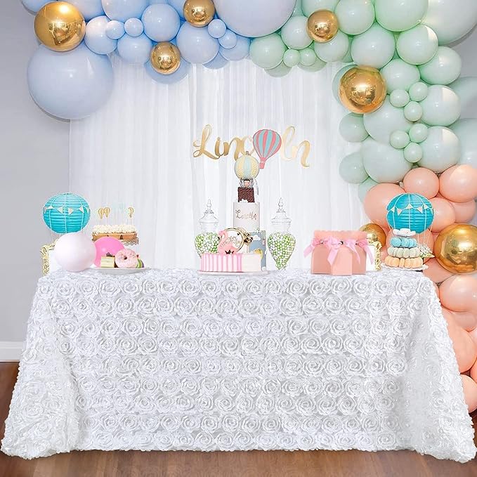 B-COOL White Tablecloth Rectangle 60 x102 Inches for Wedding Party Rosette Table Cloth Party Table Decor Satin Floral Fabric for Baby Shower Home Decorations