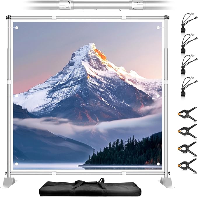 8 x 8FT Backdrop Banner Stand, Heavy Duty Adjustable Photo Background Support Frame Kit, Step and Repeat Stand for Photo Booth, Parties, Exhibition, Trade Show, Wedding - Silver