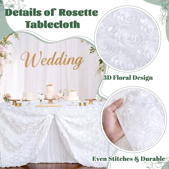B-COOL White Tablecloth Rectangle 60 x102 Inches for Wedding Party Rosette Table Cloth Party Table Decor Satin Floral Fabric for Baby Shower Home Decorations